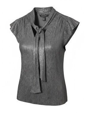 Banana Republic Metallic Silver Tie-Neck Cap Sleeve Blouse
